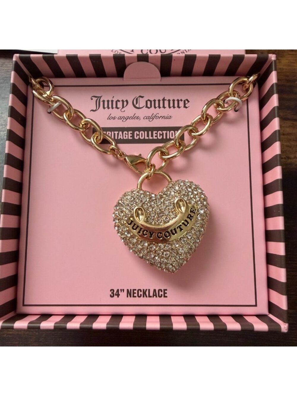 NEW Juicy Couture Chunky Heart Necklace for Women, 34" Chain, Pave Crystal